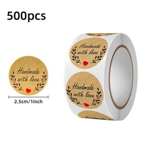 500pcs/Roll Pink Handmade With Love Stickers Brown